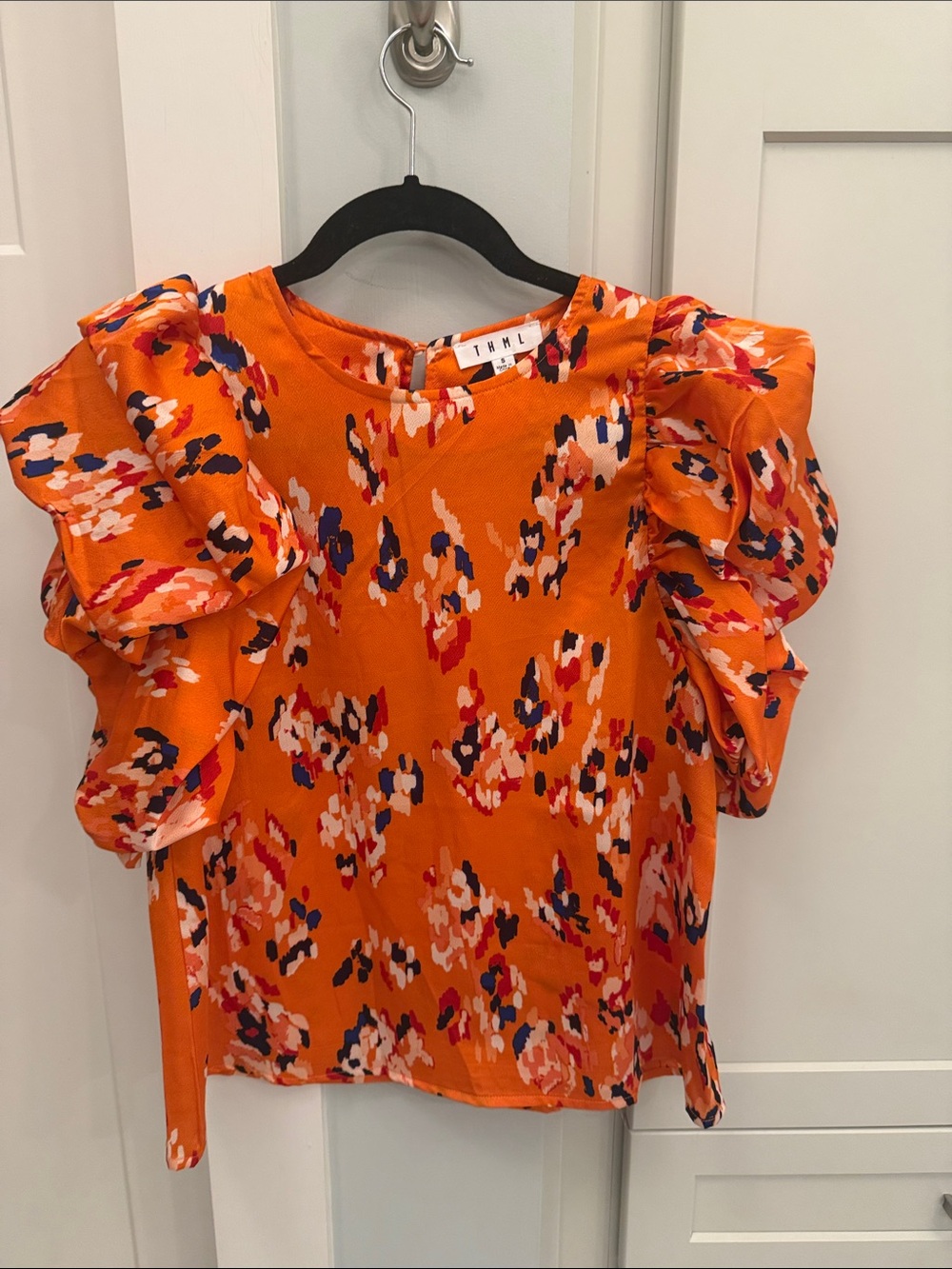 THML Vibrant Orange and navy Floral Ruffle-Sleeve Blouse